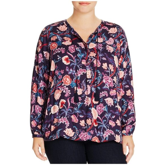 Lucky Brand Boho Peasant Blouse Blue Floral Print With Tassel Tie - Picture 1 of 9